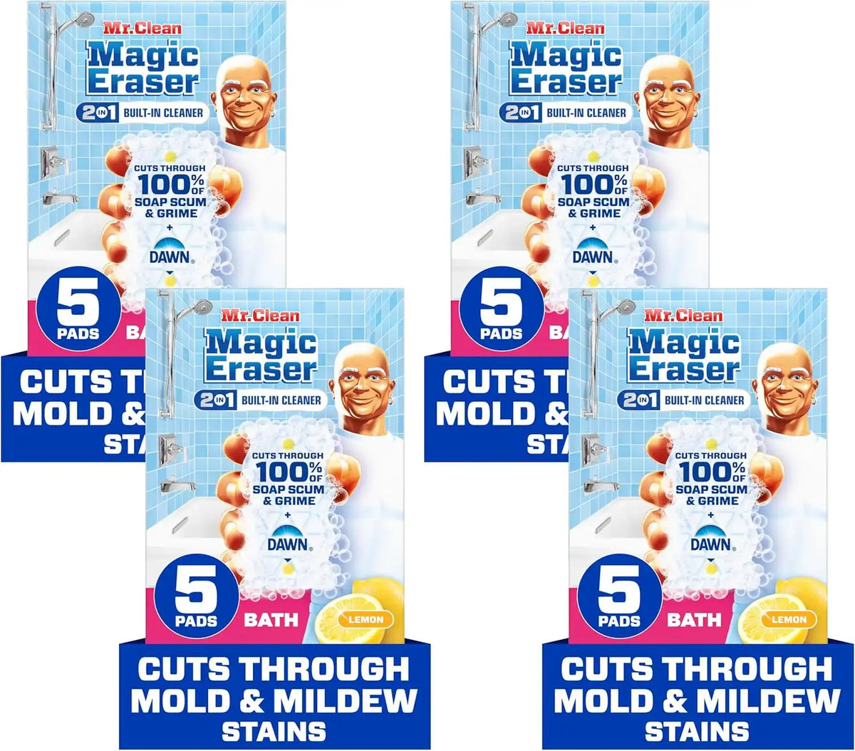 Mr. Clean Magic Eraser Sponge, Bathroom Cleaner, Shower Cleaner, Tub Cleaner, Soap Scum Remover, Bathroom Cleaning Supplies, Dawn Cleaning Power with Lemon Scent, 2 in 1 Bath, 5ct (Pack of 4)