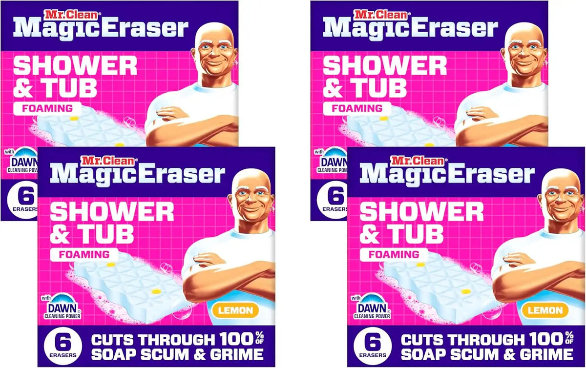 Mr. Clean Magic Eraser Sponge, Bathroom, Shower, Tub Cleaner, Soap Scum Remover, Bathroom Cleaning Supplies, Dawn Cleaning Power with Lemon Scent, Shower & Tub, 6ct (Pack of 4)
