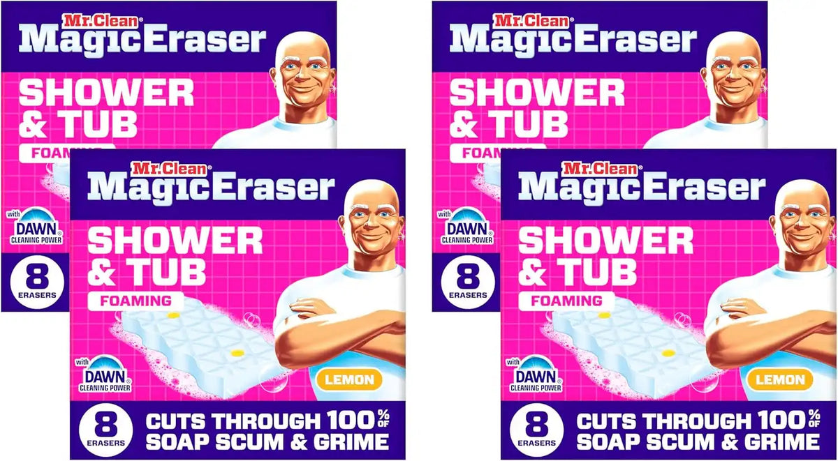 Mr. Clean Magic Eraser Sponge, Bathroom, Shower, Tub Cleaner, Soap Scum Remover, Bathroom Cleaning Supplies, Dawn Cleaning Power with Lemon Scent, Shower & Tub, 8 Count (Pack of 4)