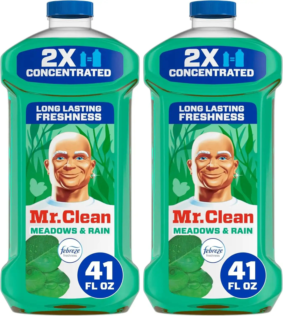 Mr. Clean All Purpose Cleaner, Floor Cleaner for Mopping Home, Bathroom, & Kitchen, Cleaning Liquid for Mop & Bucket, Cleaning Supplies, Multi-Surface Dilutable, Meadows & Rain, 41oz (Pack of 2)
