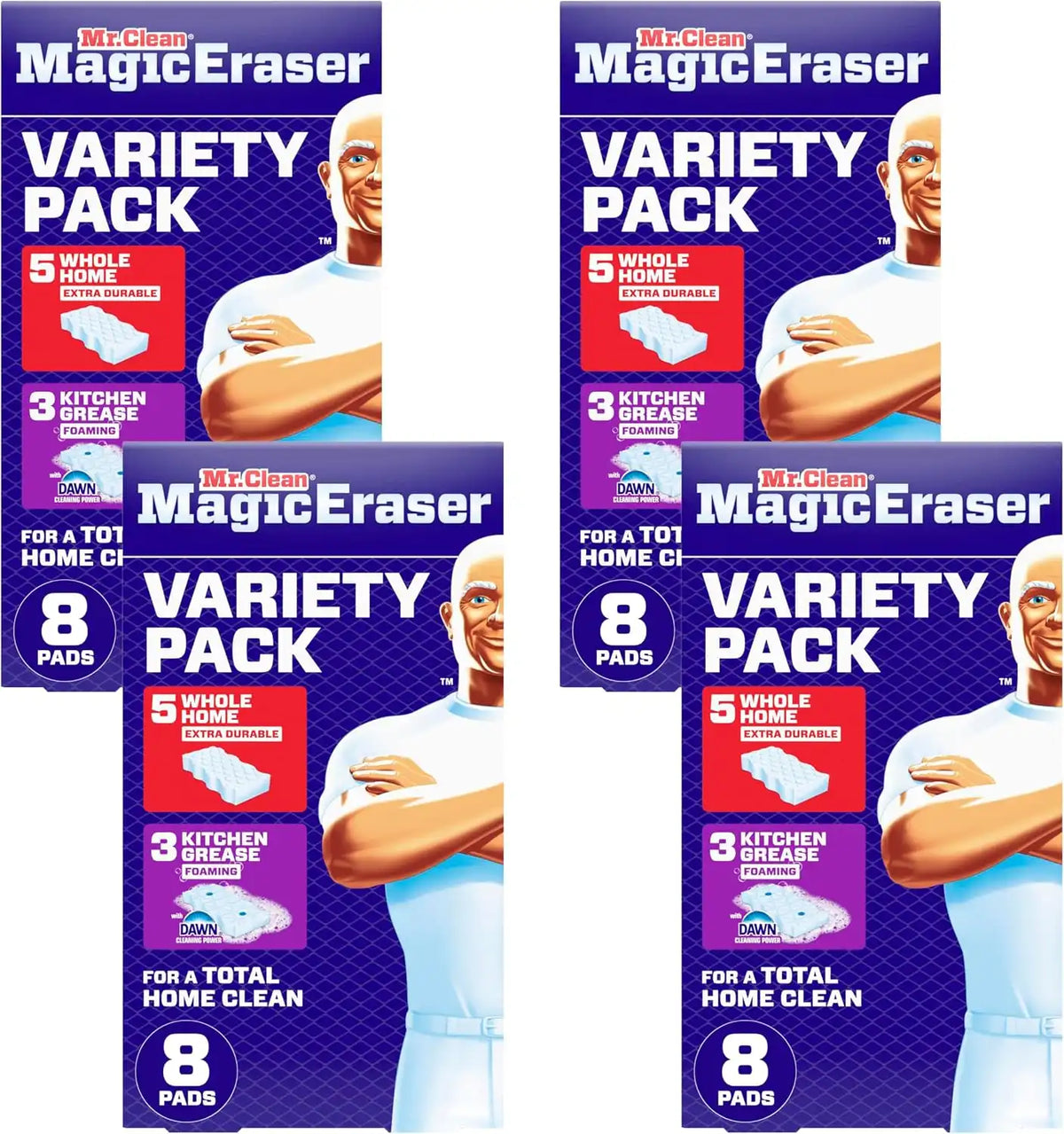 Mr. Clean Magic Eraser Sponge, All Purpose Cleaner, Cleaning Scrubber, Wall, Kitchen, Bathroom, Shower Cleaner, Melamine Sponge, Cleaning Pads, Variety Pack, 5 Extra Durable, & 3 Grease Magic Erasers